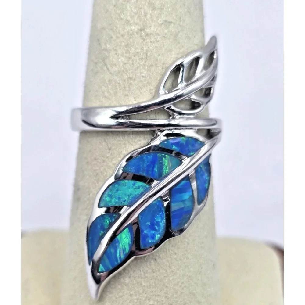 Gorgeous Blue Lab Opal Ring Size 6.75 Leaf Fern‎ Wrap Sterling Silver 925 NWOT